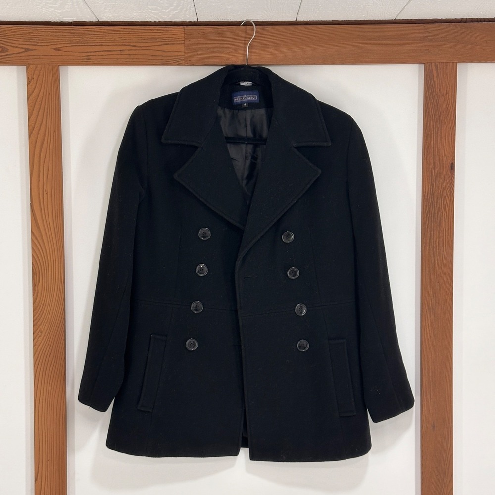 Herman Geist‎ Wool Pea Coat Womens Size 4 Black Double Breasted | Dark Academia